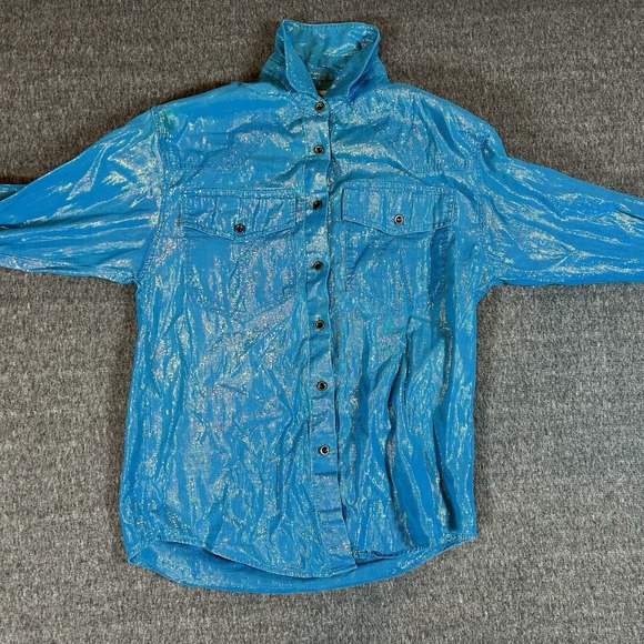 Vintage Wrangler Shirt Womens 15-15 1/2 90s Metallic Blue Button Up Shoulder Pad - Picture 1 of 10